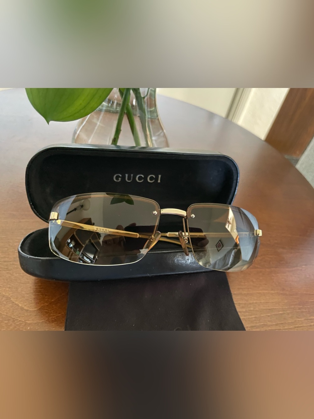 GUCCI GG 1794/S Rimless Rectangle Sunglasses Gold Metal Brown Tinted UV 400